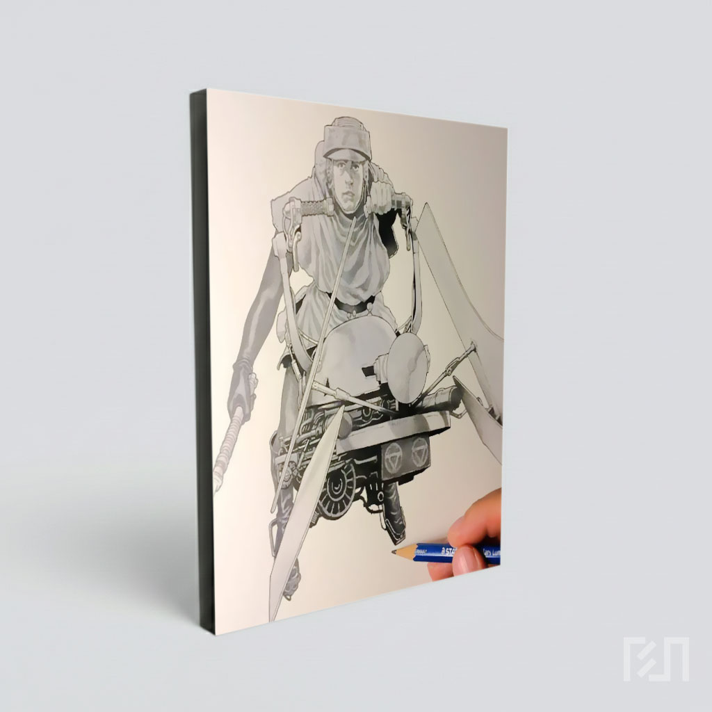 Ilustrasi Karakter Sci-Fi Mengendarai Speeder Bike