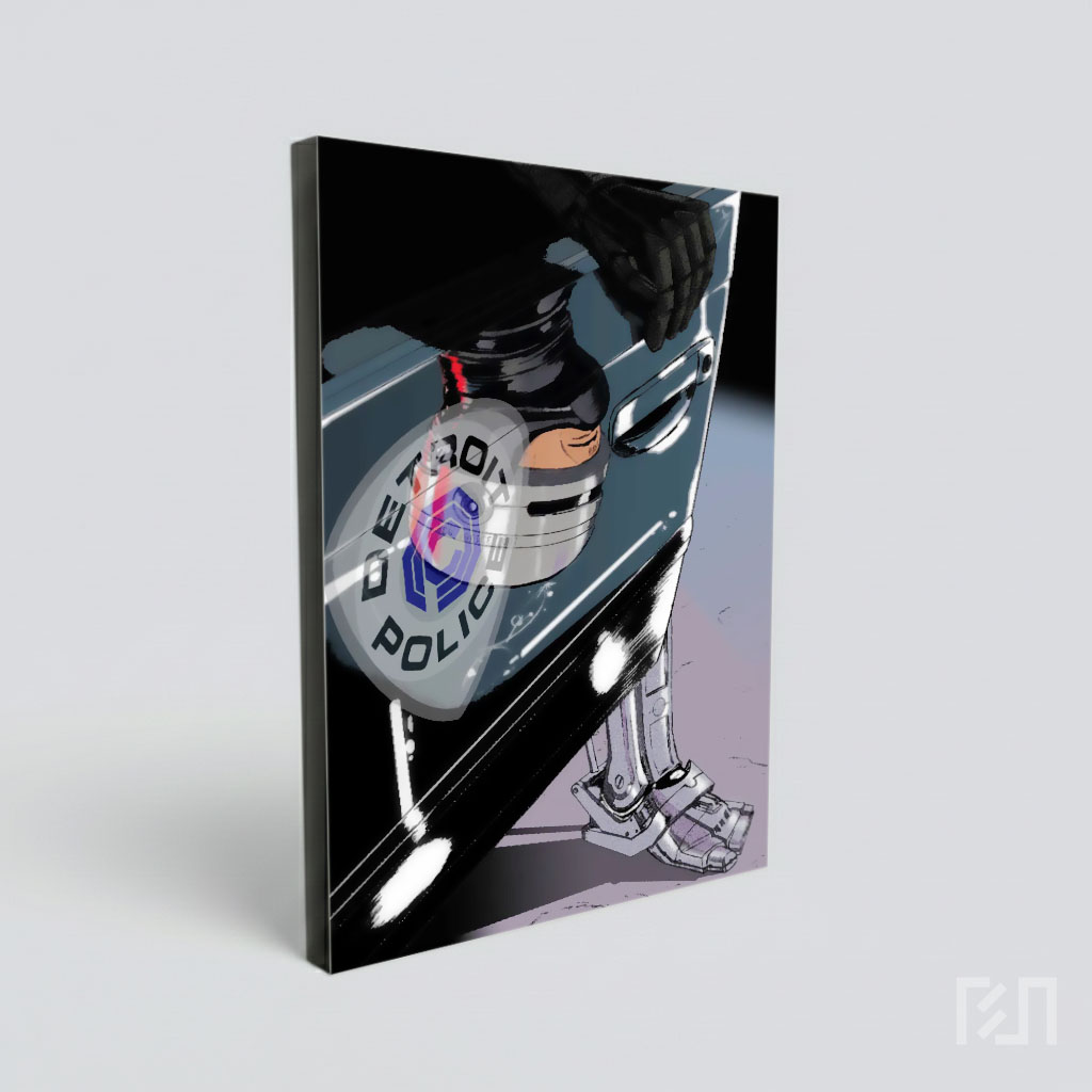 Ilustrasi Refleksi RoboCop pada Mobil Polisi Detroit