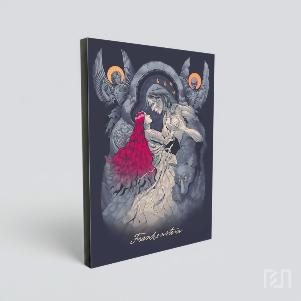 Ilustrasi Seni Gotik Romantis dengan Malaikat dan Serigala