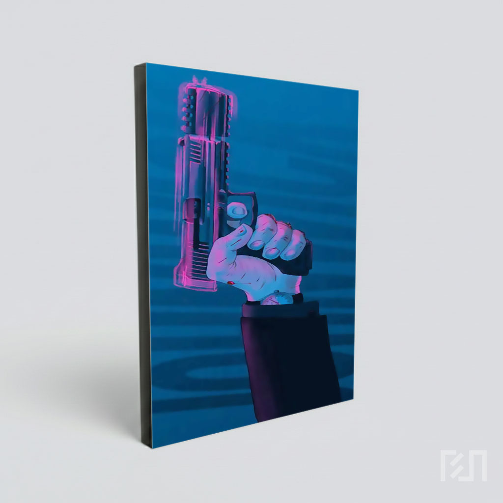 Ilustrasi Tangan Memegang Pistol Bergaya Neon