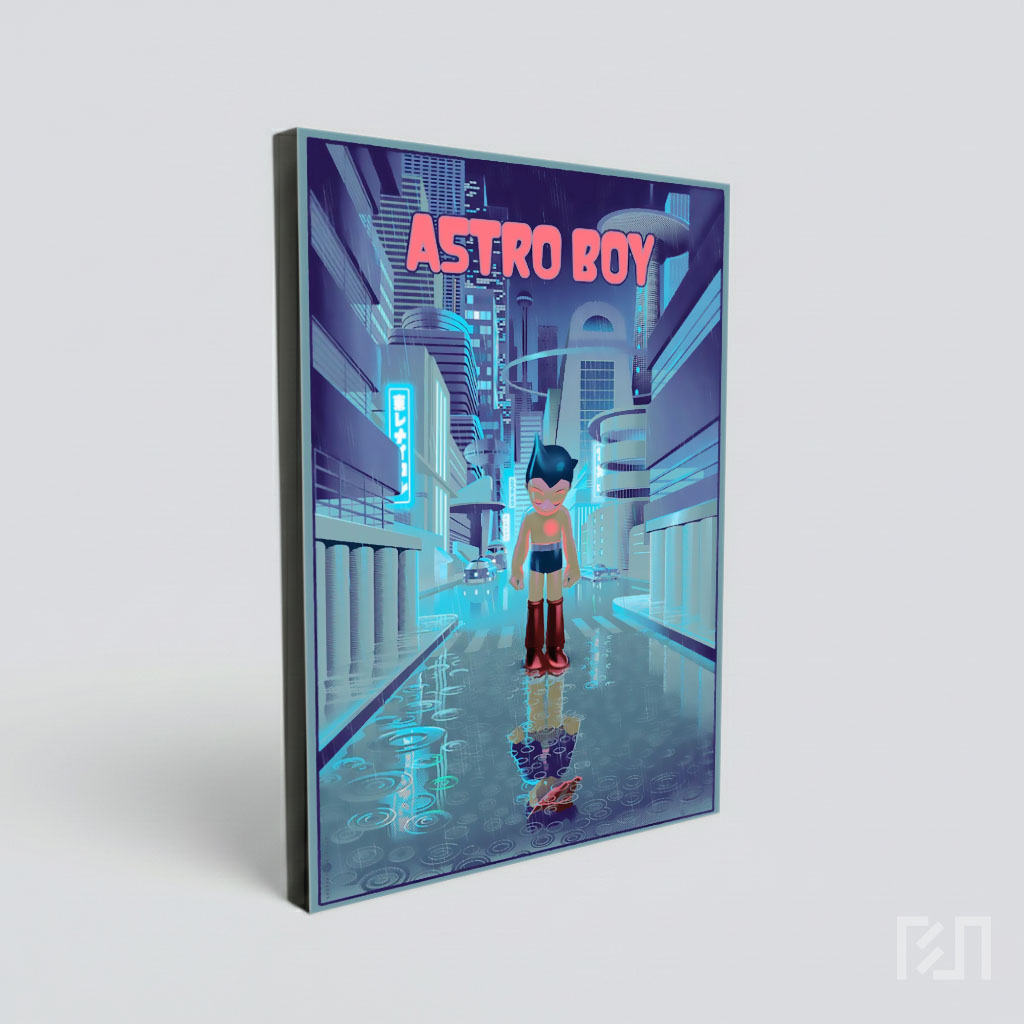 Poster Astro Boy di Kota Futuristik Saat Hujan