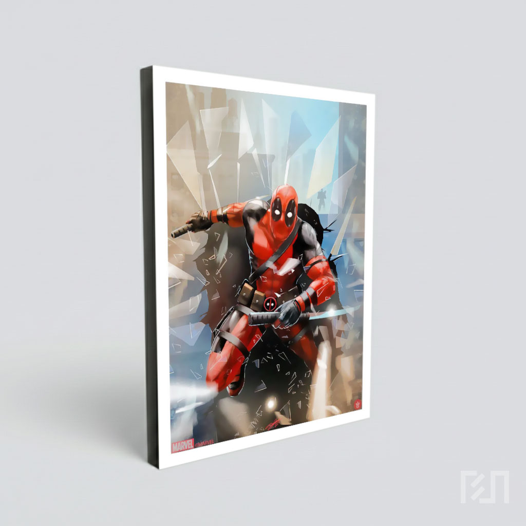 Poster Deadpool Beraksi Melompat Melalui Kaca