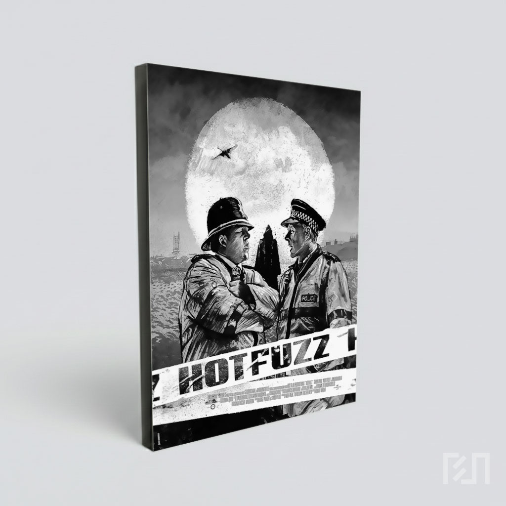Poster Film Hot Fuzz: Seni Ilustrasi Hitam Putih
