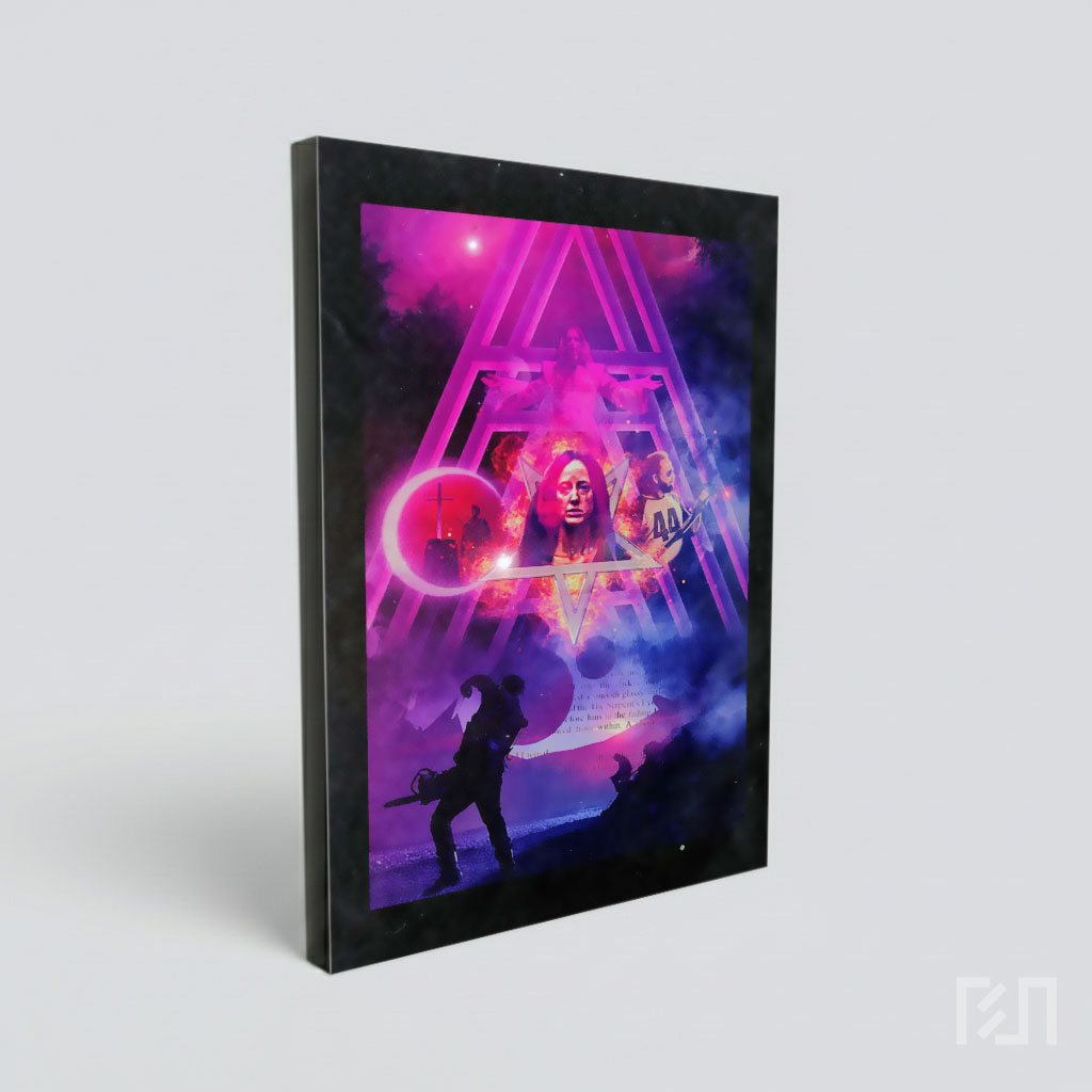 Poster Film Mandy 2018 Bergaya Synthwave Horor