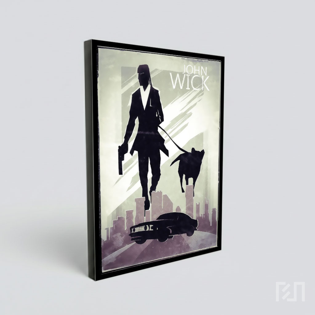 Poster Minimalis John Wick dengan Anjing dan Mobil