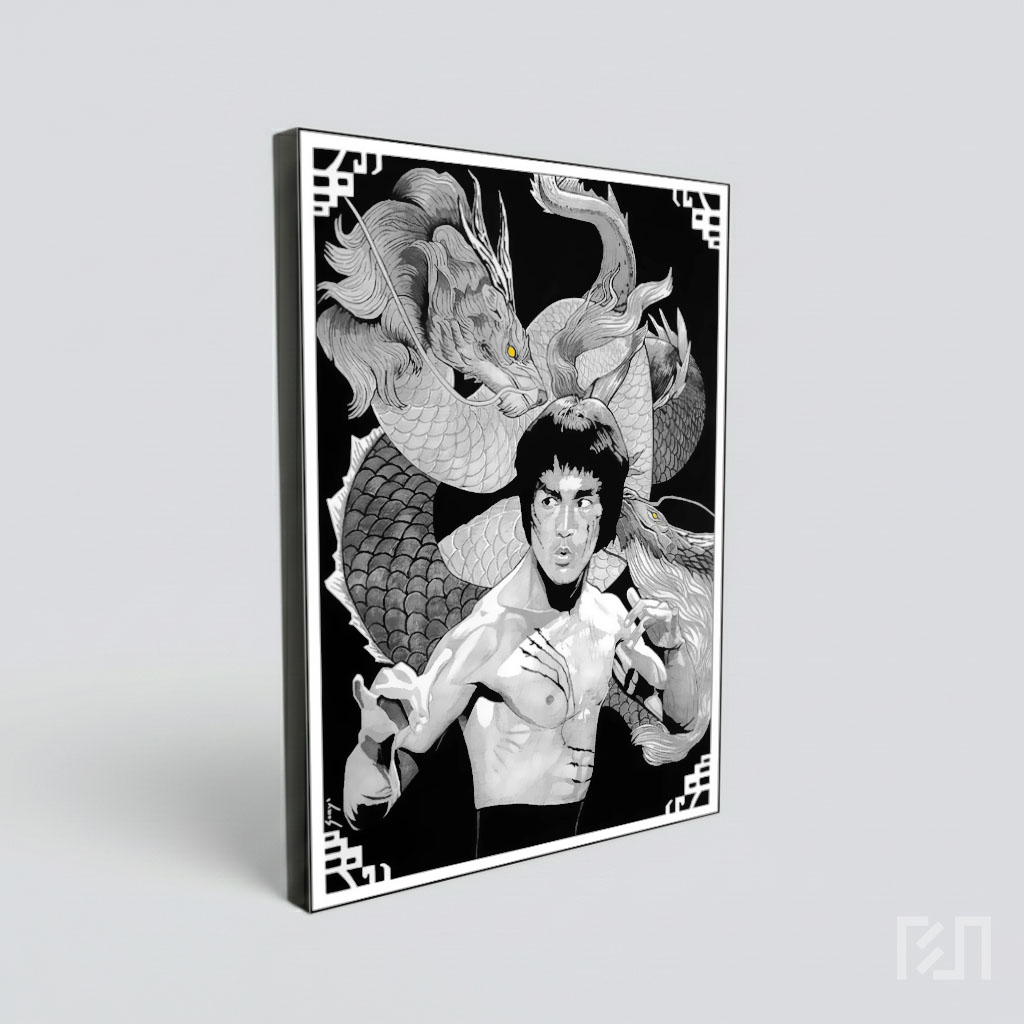 Poster Seni Bruce Lee dan Naga Hitam Putih