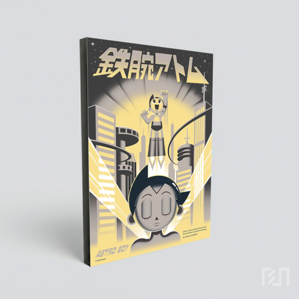 Poster Seni Digital Astro Boy Terbang di Kota Masa Depan