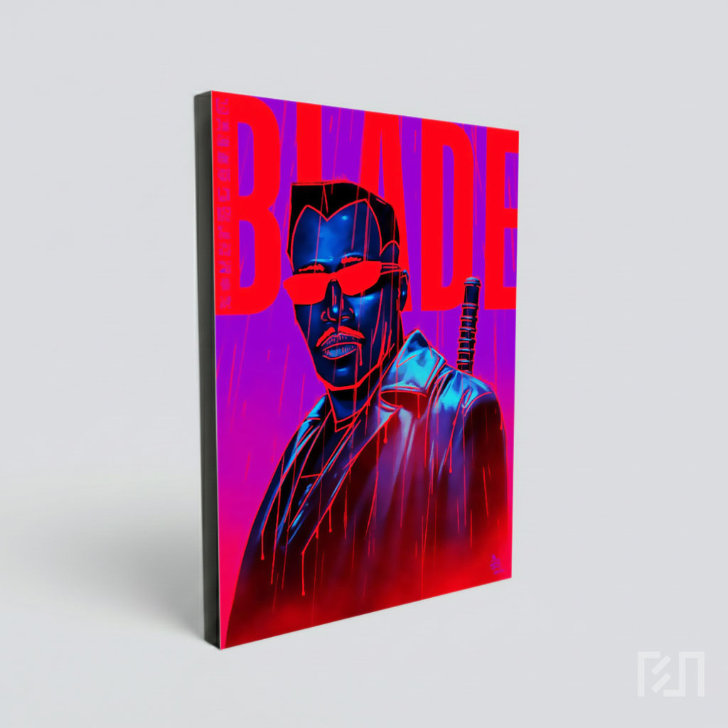 Poster Seni Digital Blade dengan Nuansa Neon Merah Biru