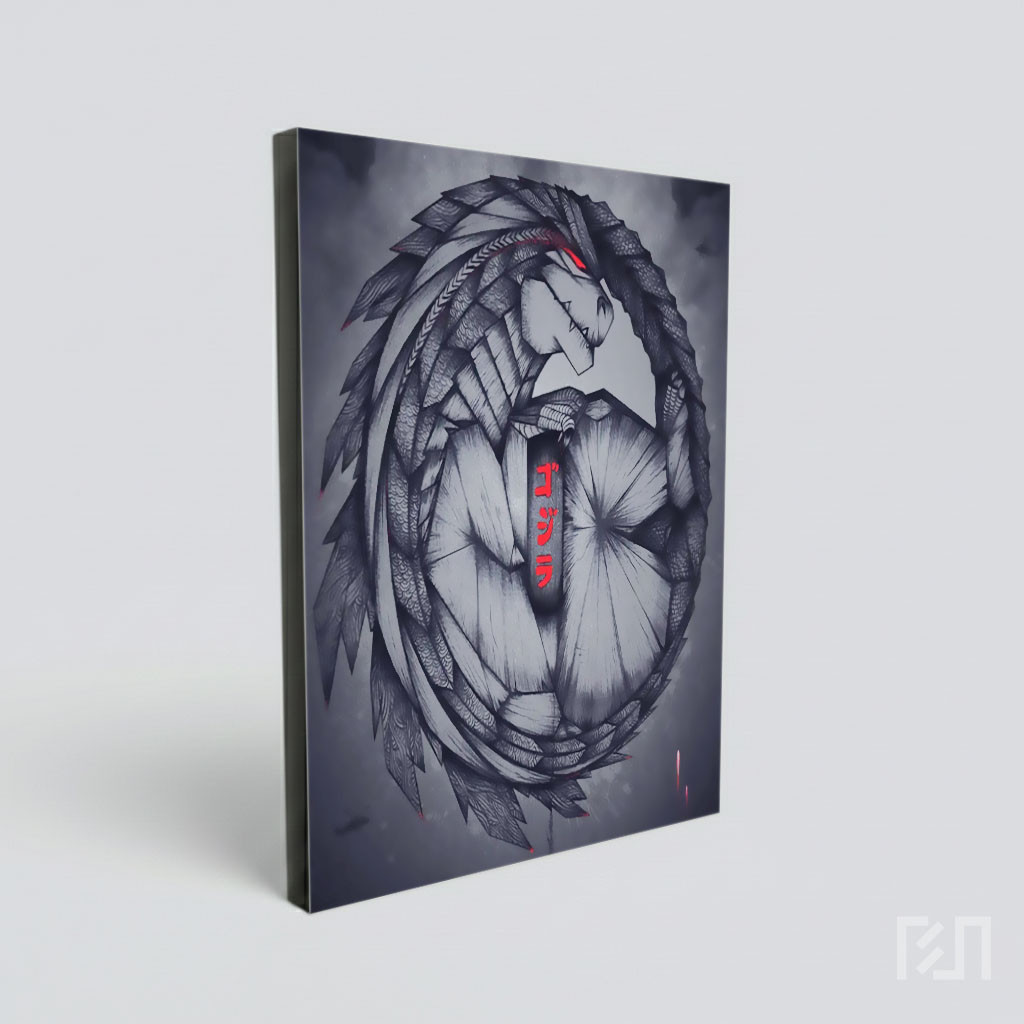 Poster Seni Godzilla Ouroboros Hitam Putih