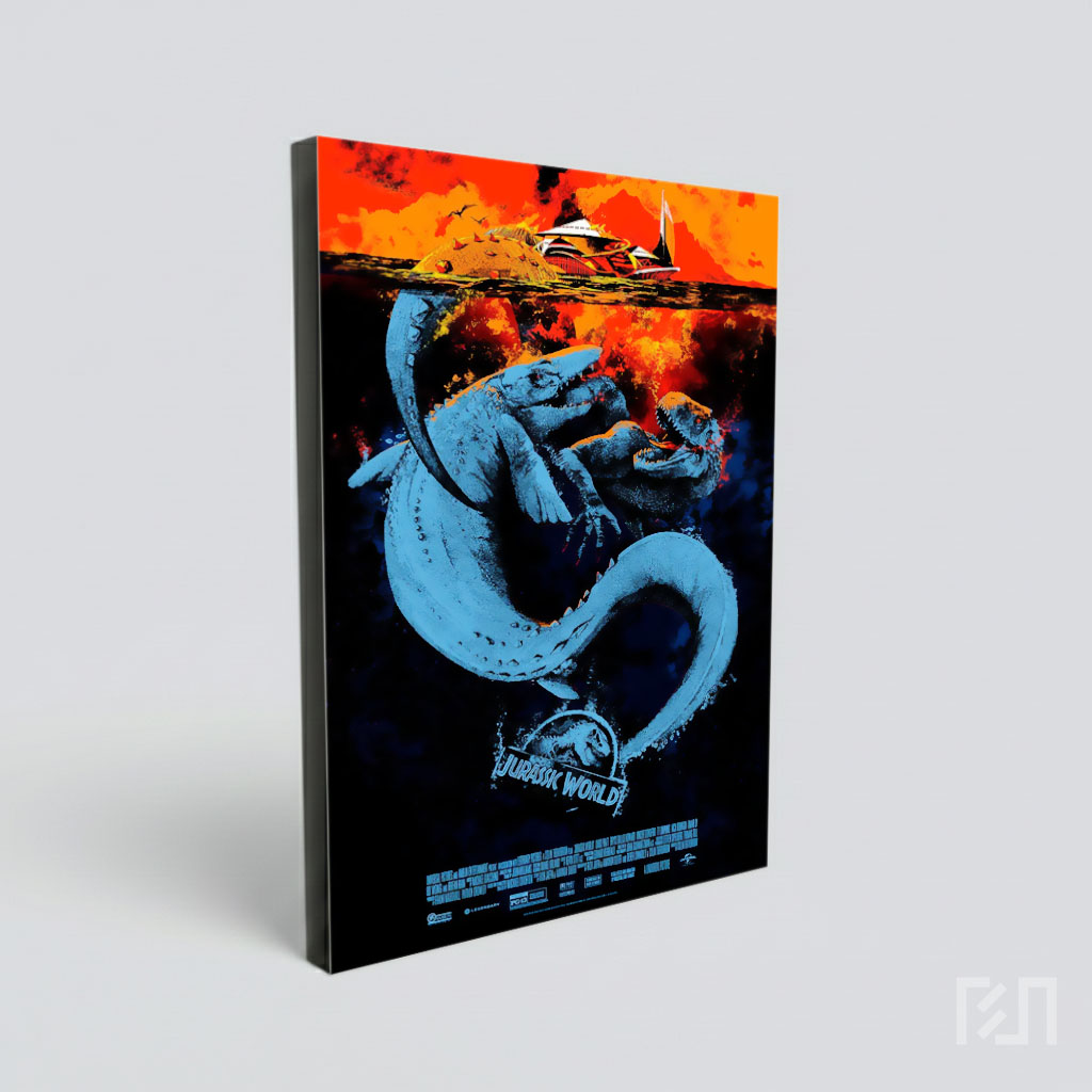 Poster Seni Jurassic World Mosasaurus dan Indominus Rex