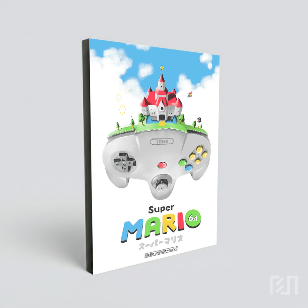 Poster Seni Super Mario 64 dan Kontroler N64